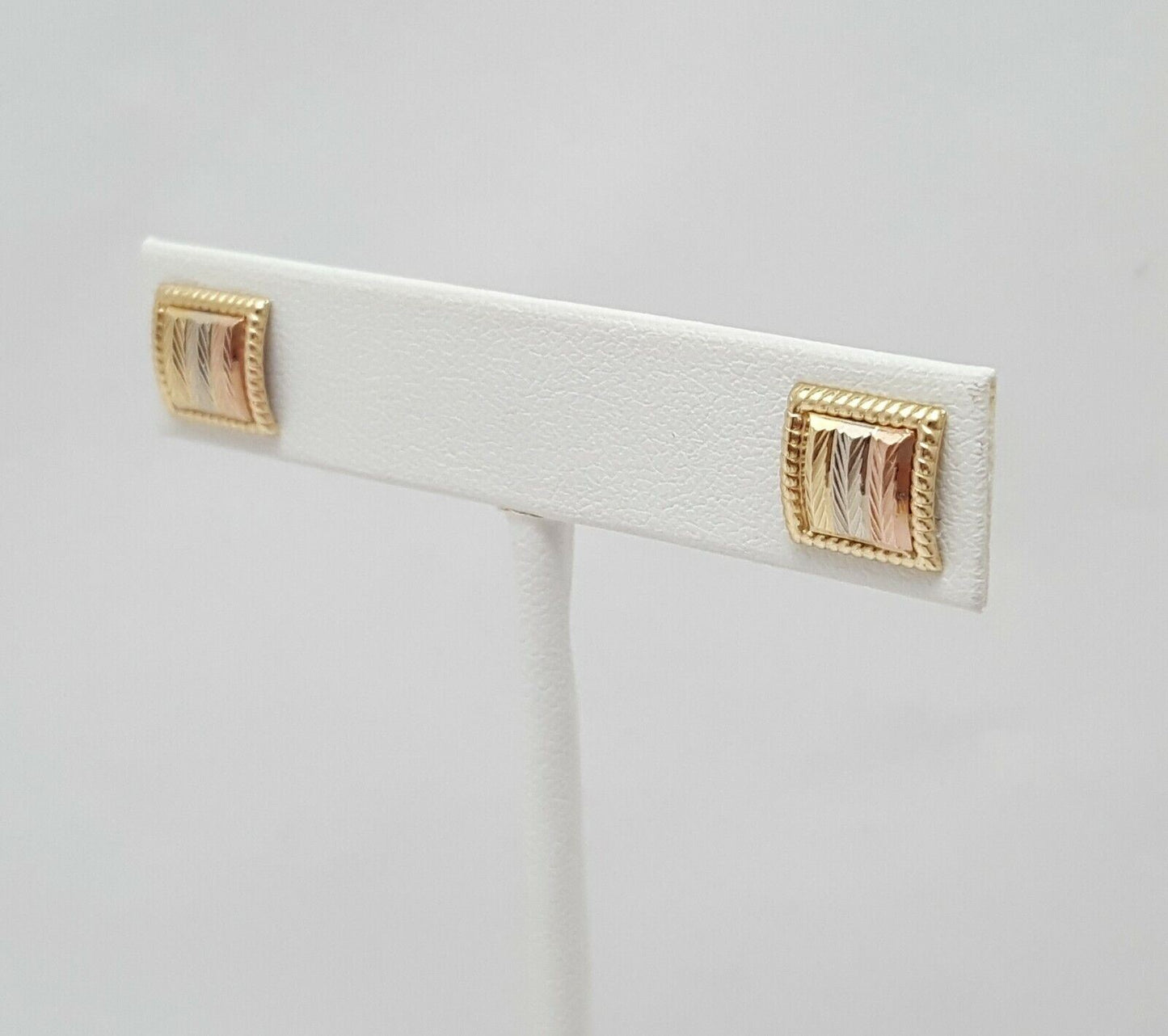 10K Tri Tone Tri Color Gold Designer Square Stud Earrings