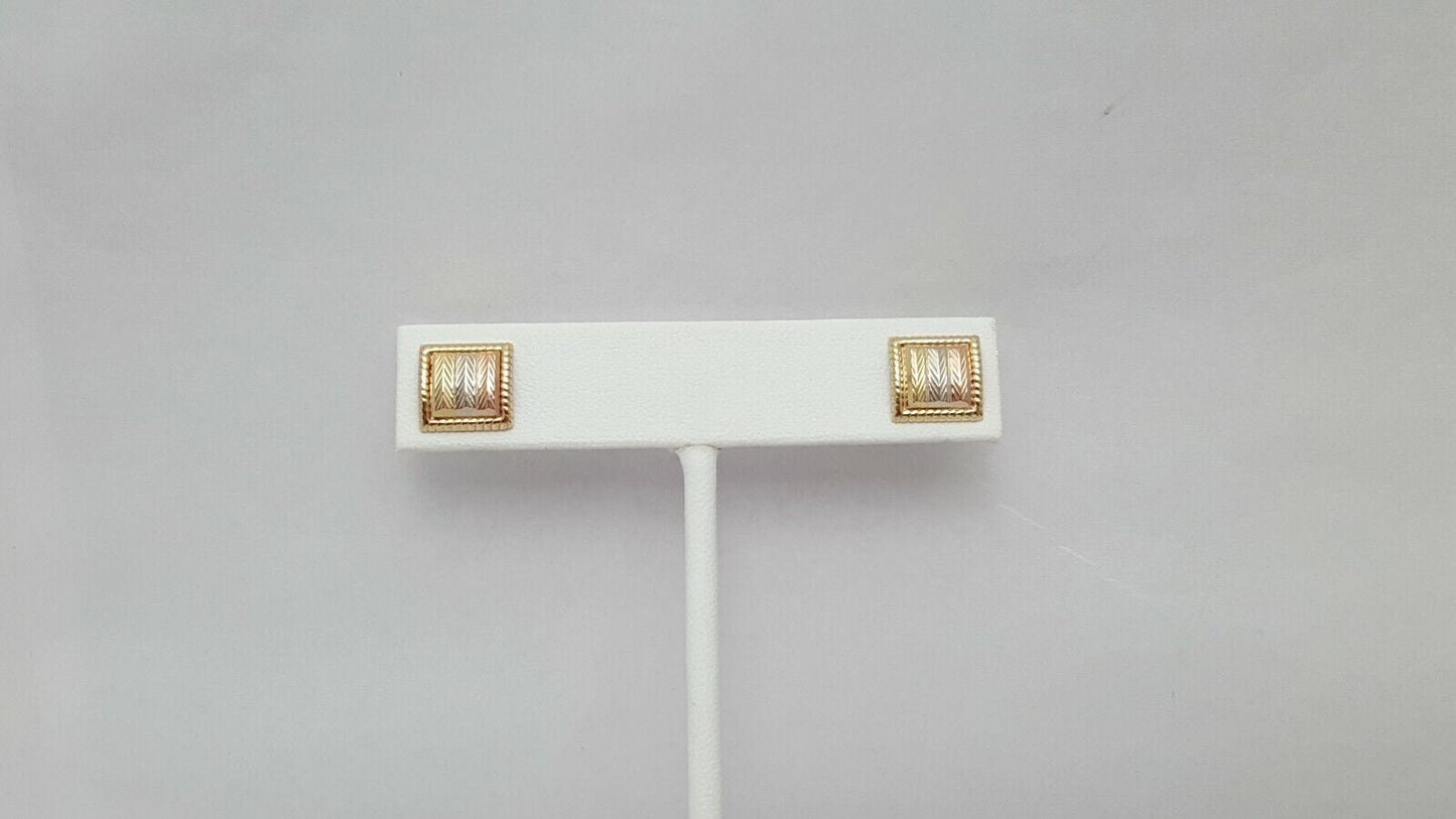 10K Tri Tone Tri Color Gold Designer Square Stud Earrings