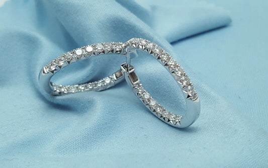 14K Karat White Gold Designer Diamond Round Hoop Earrings