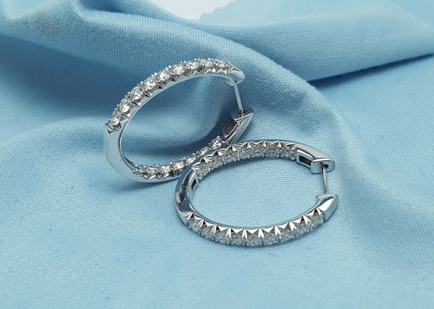 14K Karat White Gold Designer Diamond Round Hoop Earrings