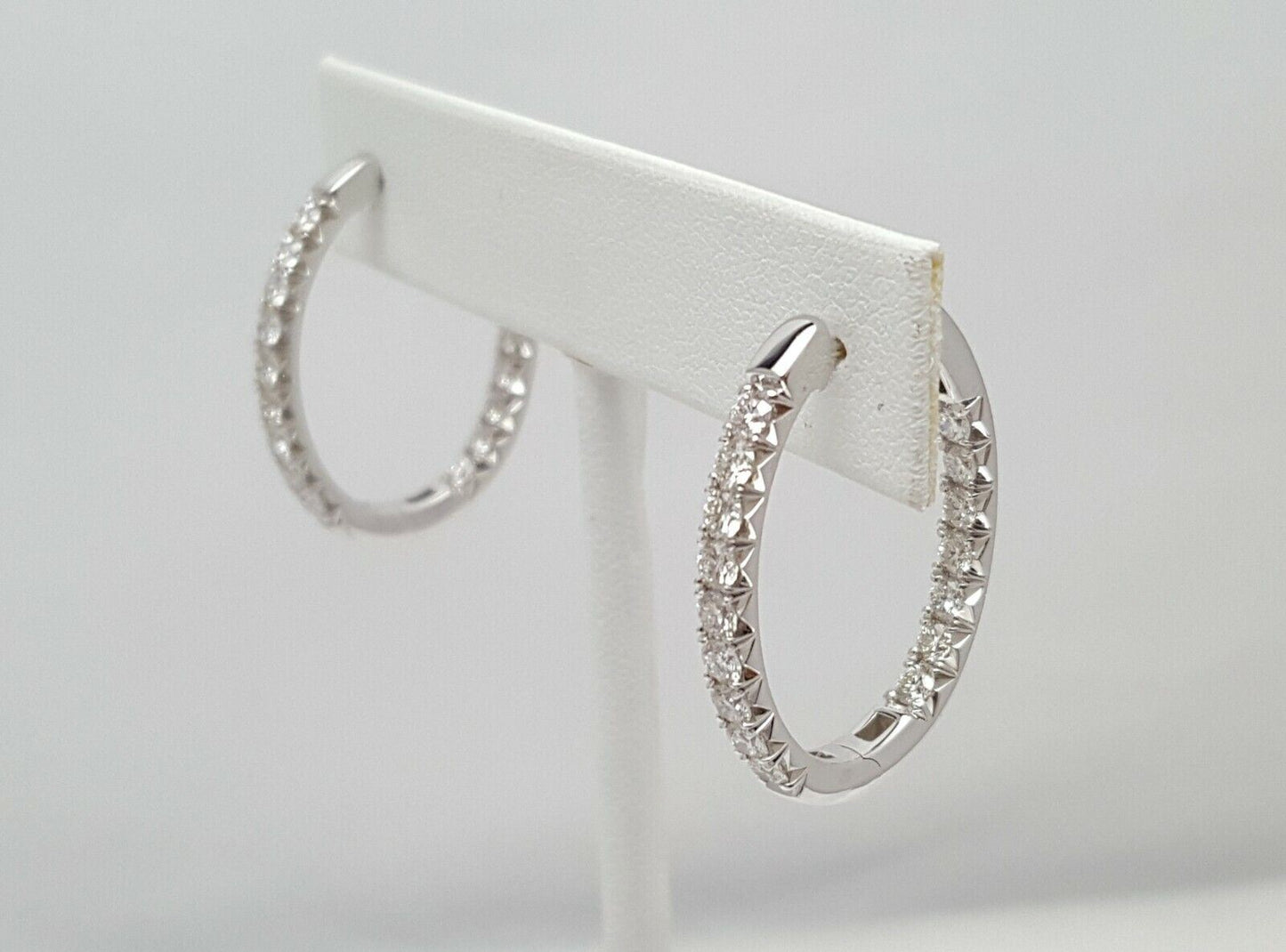 14K Karat White Gold Designer Diamond Round Hoop Earrings