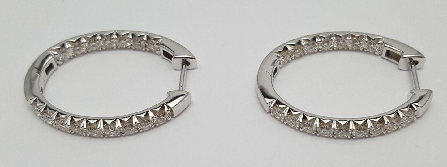 14K Karat White Gold Designer Diamond Round Hoop Earrings