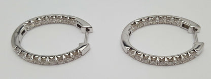 14K Karat White Gold Designer Diamond Round Hoop Earrings