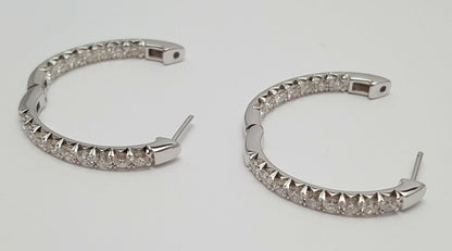 14K Karat White Gold Designer Diamond Round Hoop Earrings