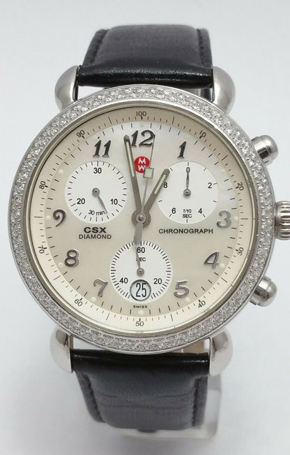 Michele CSX 71-3900 Diamond Chronograph White Dial Black Leatherband Watch