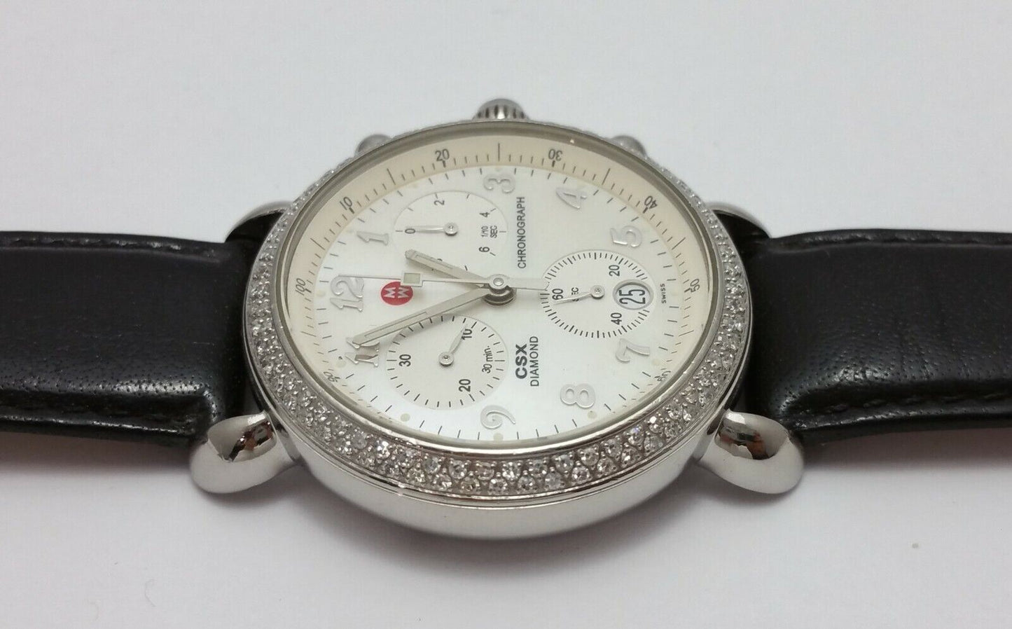 Michele CSX 71-3900 Diamond Chronograph White Dial Black Leatherband Watch