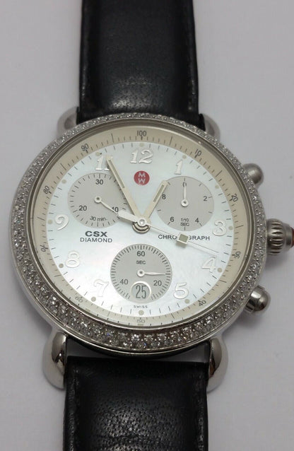 Michele CSX 71-3900 Diamond Chronograph White Dial Black Leatherband Watch