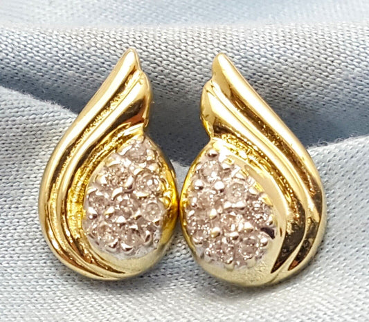 10K Solid Yellow Gold Designer Stud Spiral Swirl Diamond Earrings