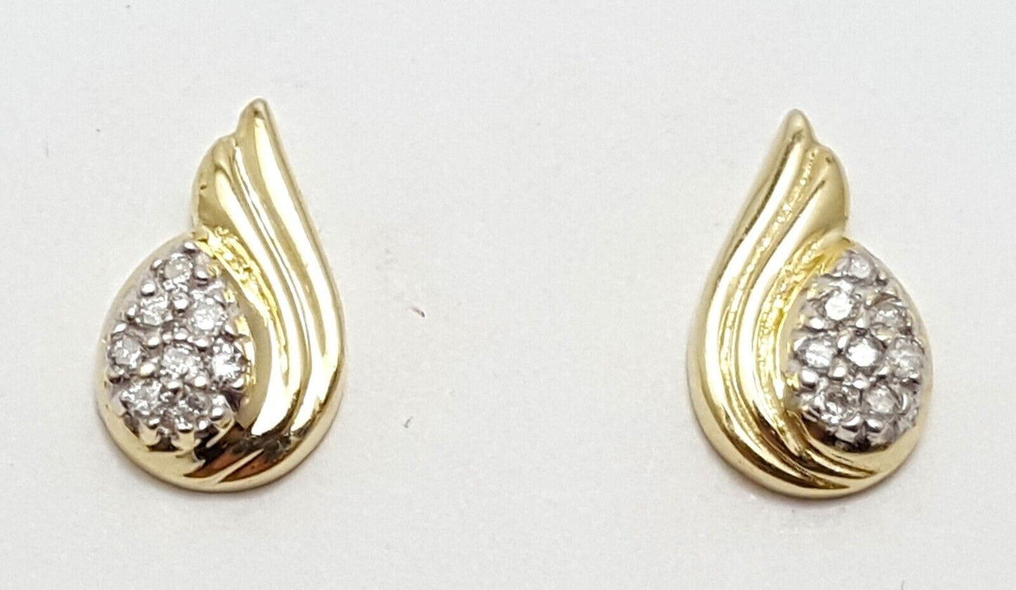 10K Solid Yellow Gold Designer Stud Spiral Swirl Diamond Earrings