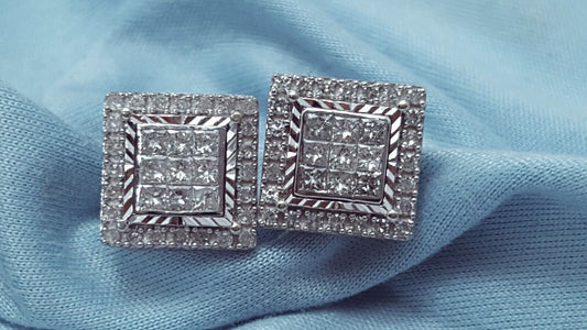 10K White Gold Designer Square Diamond Stud Earrings with Backings