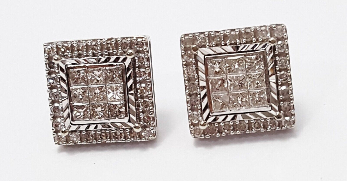 10K White Gold Designer Square Diamond Stud Earrings with Backings