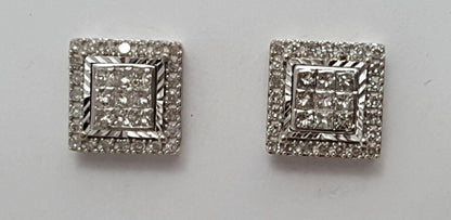 10K White Gold Designer Square Diamond Stud Earrings with Backings