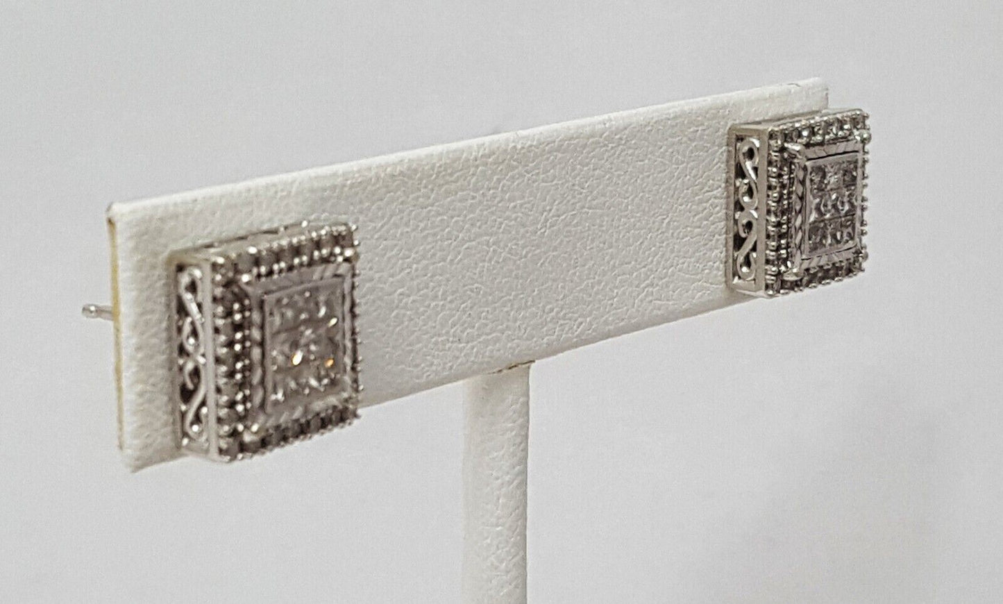 10K White Gold Designer Square Diamond Stud Earrings with Backings