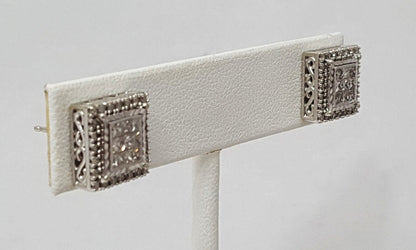 10K White Gold Designer Square Diamond Stud Earrings with Backings