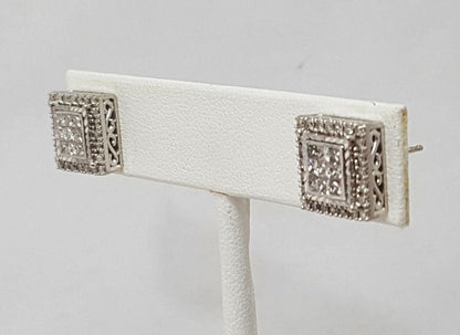 10K White Gold Designer Square Diamond Stud Earrings with Backings