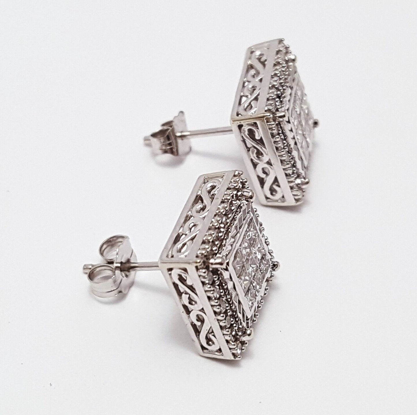 10K White Gold Designer Square Diamond Stud Earrings with Backings