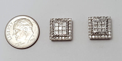 10K White Gold Designer Square Diamond Stud Earrings with Backings