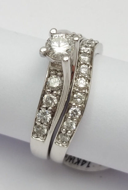 14K White Gold 1 CTW Round Cut Diamonds Bridal Engagement Ring Set