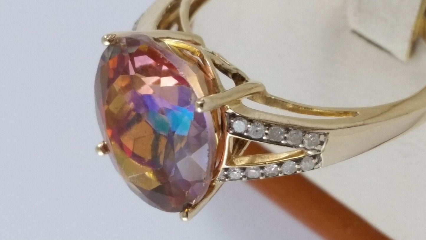 14K Solid Yellow Gold Colorful Crystal & Diamond Ring