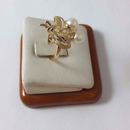 14K Solid Yellow Gold Designer Pearl & Diamond Ring