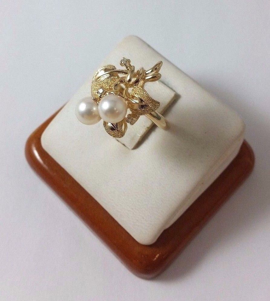 14K Solid Yellow Gold Designer Pearl & Diamond Ring