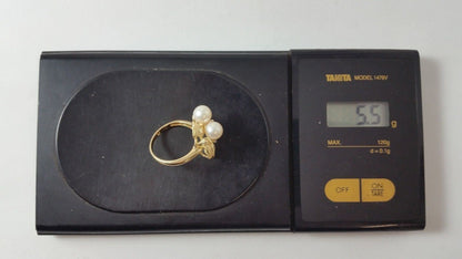 14K Solid Yellow Gold Designer Pearl & Diamond Ring