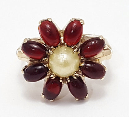 14K Solid Yellow Gold Ladies Designer Flower Garnet & Pearl Ring