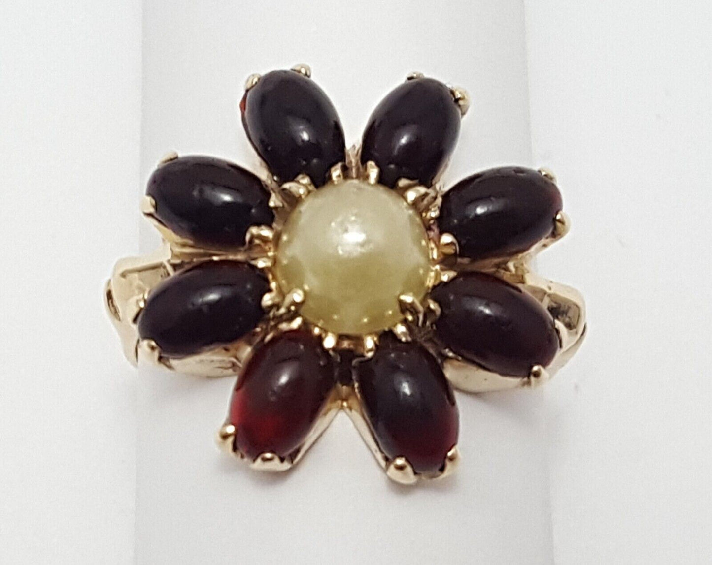 14K Solid Yellow Gold Ladies Designer Flower Garnet & Pearl Ring