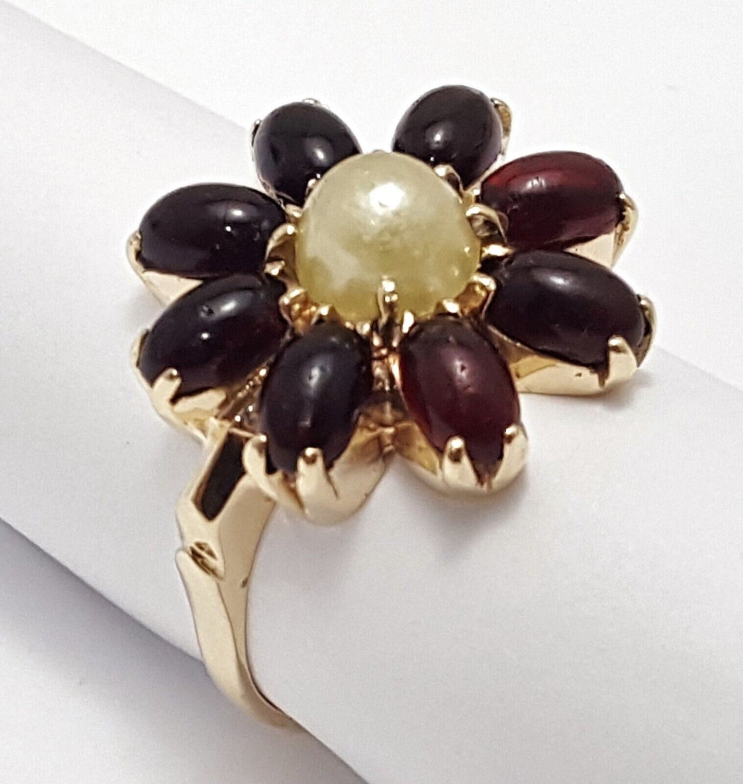 14K Solid Yellow Gold Ladies Designer Flower Garnet & Pearl Ring