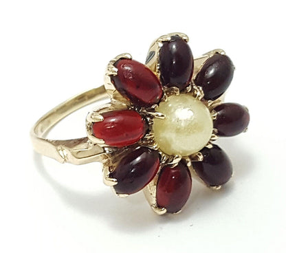 14K Solid Yellow Gold Ladies Designer Flower Garnet & Pearl Ring