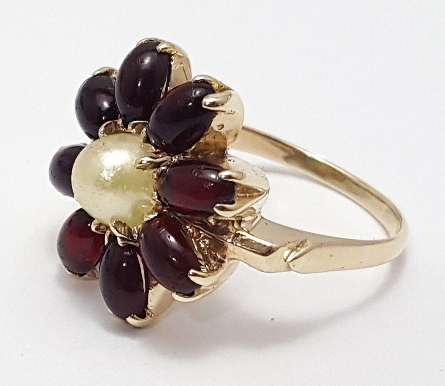 14K Solid Yellow Gold Ladies Designer Flower Garnet & Pearl Ring