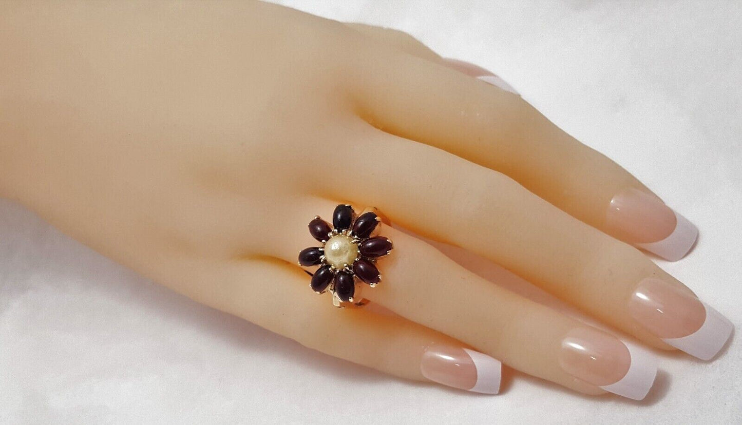 14K Solid Yellow Gold Ladies Designer Flower Garnet & Pearl Ring