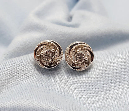 925 Sterling Silver Designer Round Raw Diamonds Stud Earrings