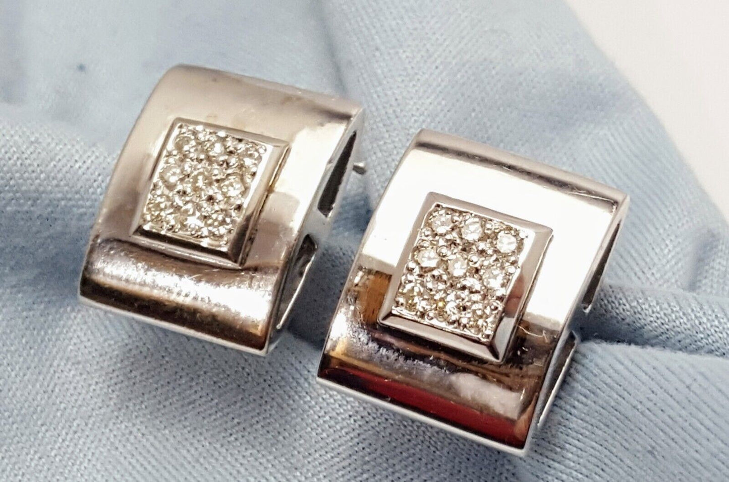 14K White Gold Designer Diamond Square French Clip Earrings