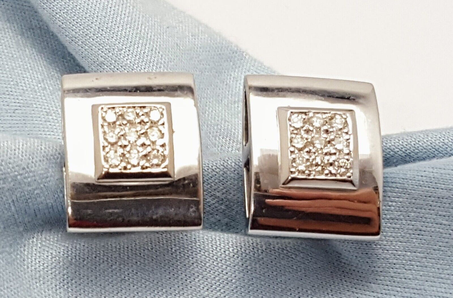 14K White Gold Designer Diamond Square French Clip Earrings