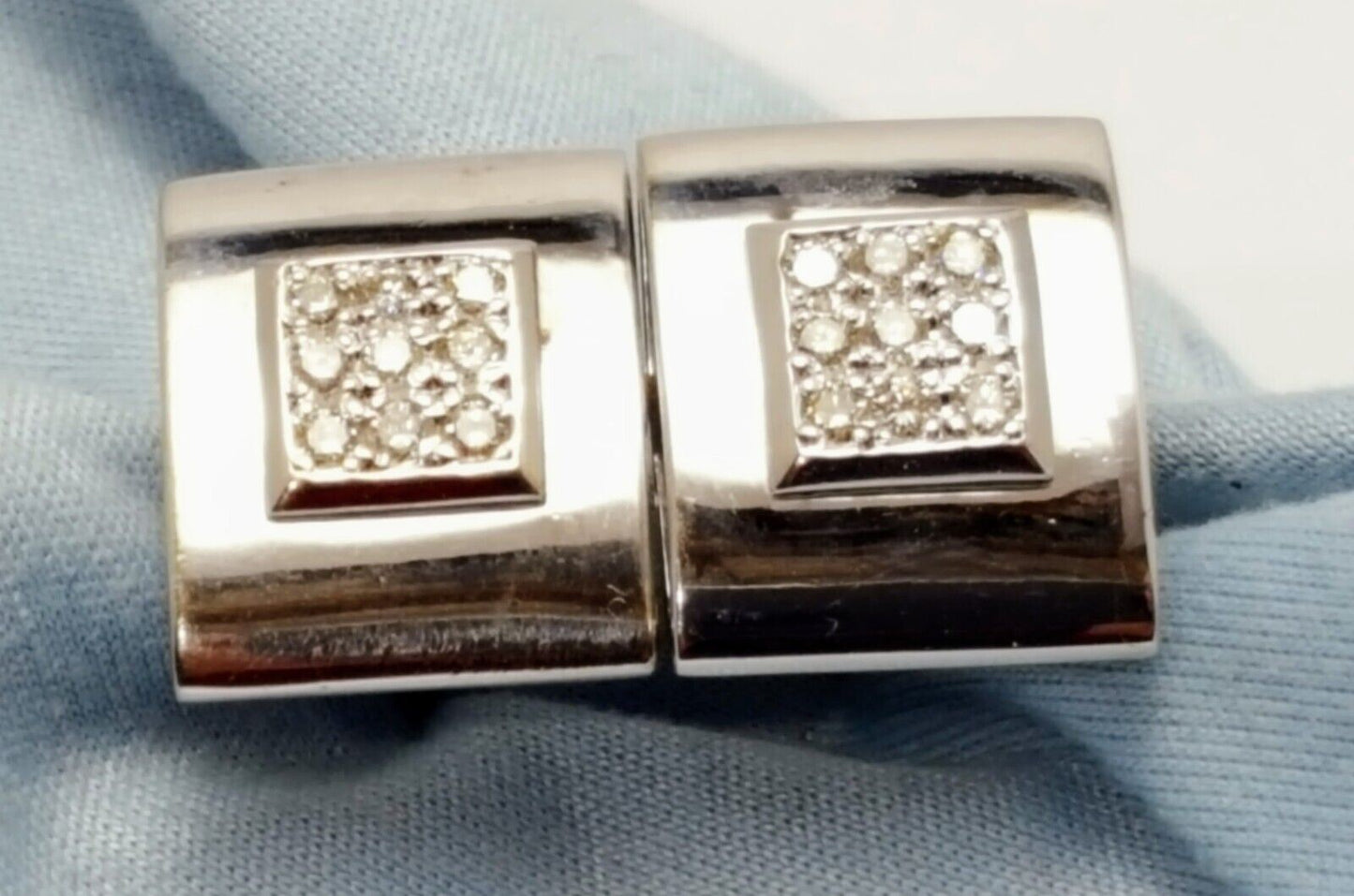 14K White Gold Designer Diamond Square French Clip Earrings