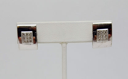 14K White Gold Designer Diamond Square French Clip Earrings