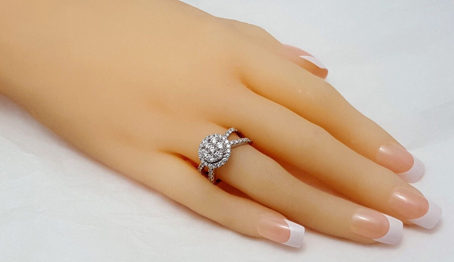 Unique 14K Solid White Gold Designer Split Shank Halo Diamond Engagement Ring