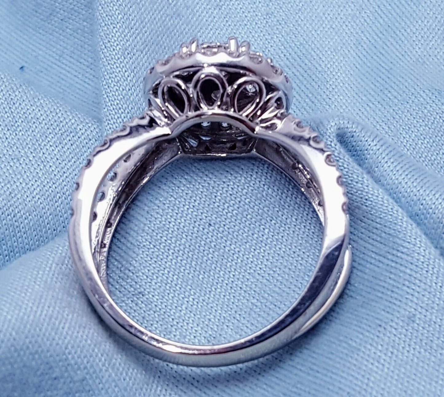 Unique 14K Solid White Gold Designer Split Shank Halo Diamond Engagement Ring