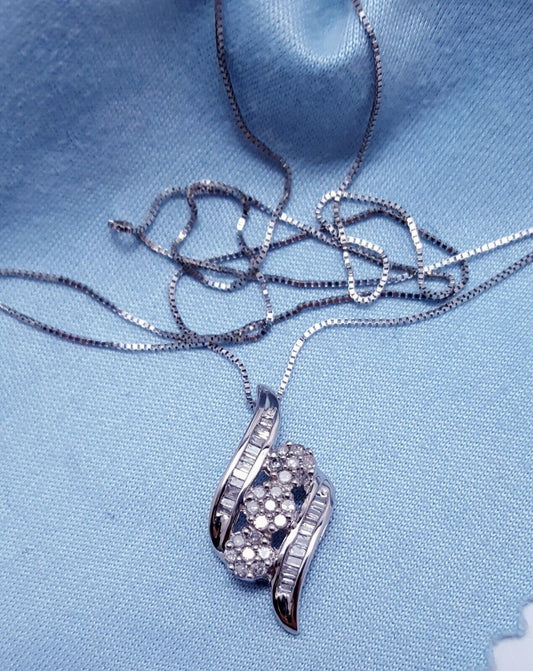 10K White Gold Designer Box Link Chain Necklace & Diamond Charm Pendant