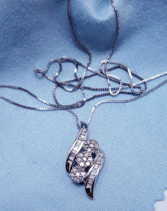 10K White Gold Box Link Chain Necklace & Diamond Charm Pendant