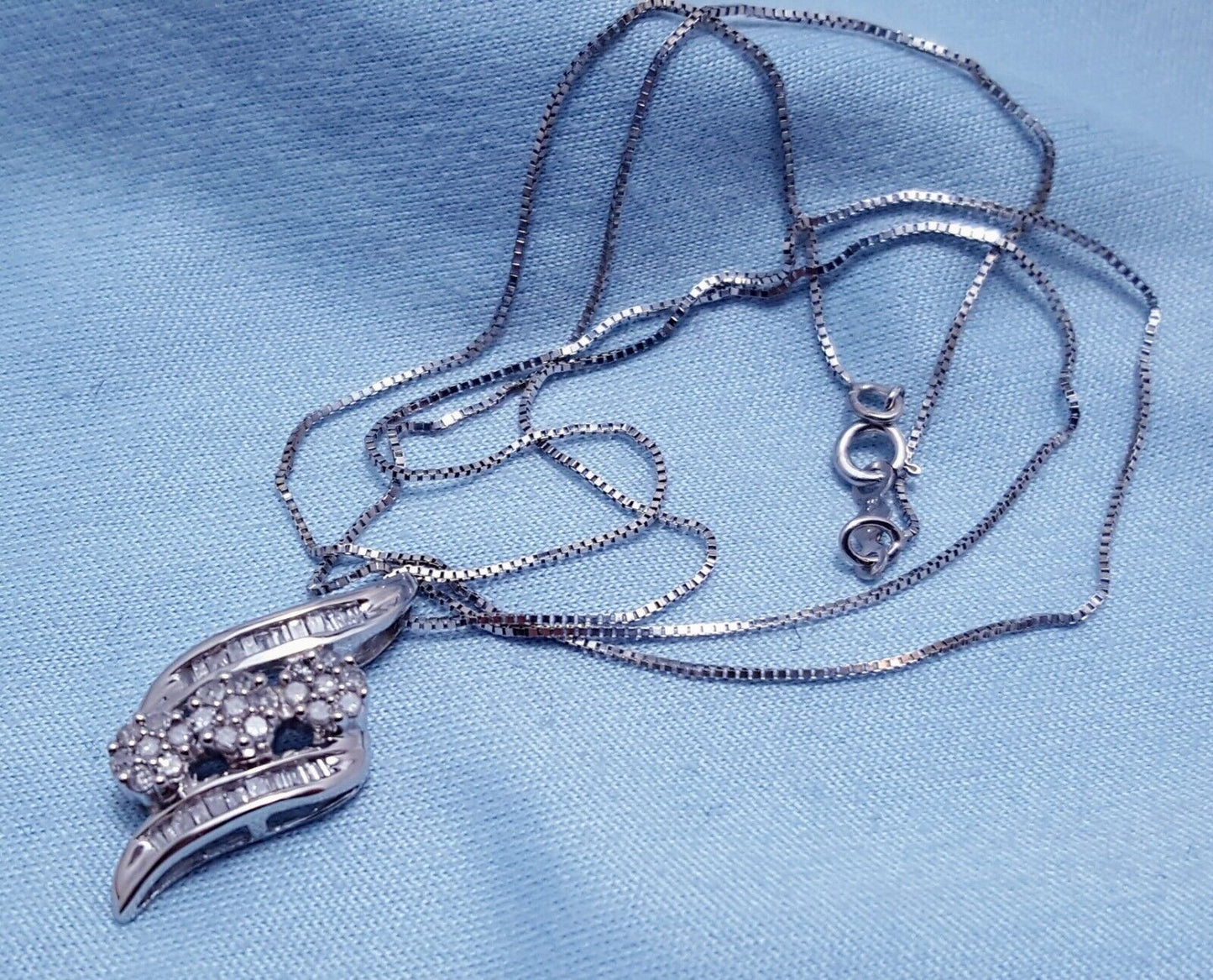 10K White Gold Box Link Chain Necklace & Diamond Charm Pendant