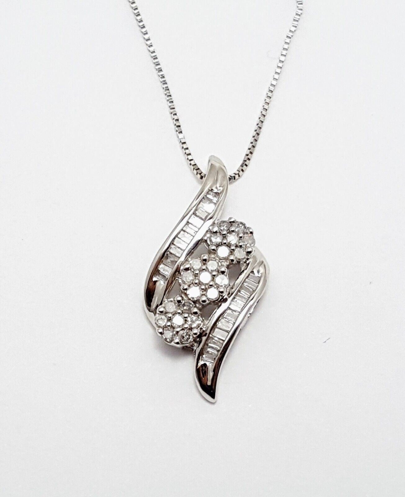 10K White Gold Box Link Chain Necklace & Diamond Charm Pendant