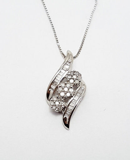 10K White Gold Box Link Chain Necklace & Diamond Charm Pendant