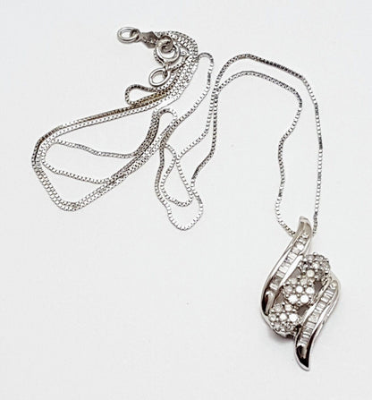 10K White Gold Box Link Chain Necklace & Diamond Charm Pendant