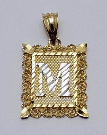 10K Solid Two Tone Gold Square Initial Letter "M" Charm Pendant