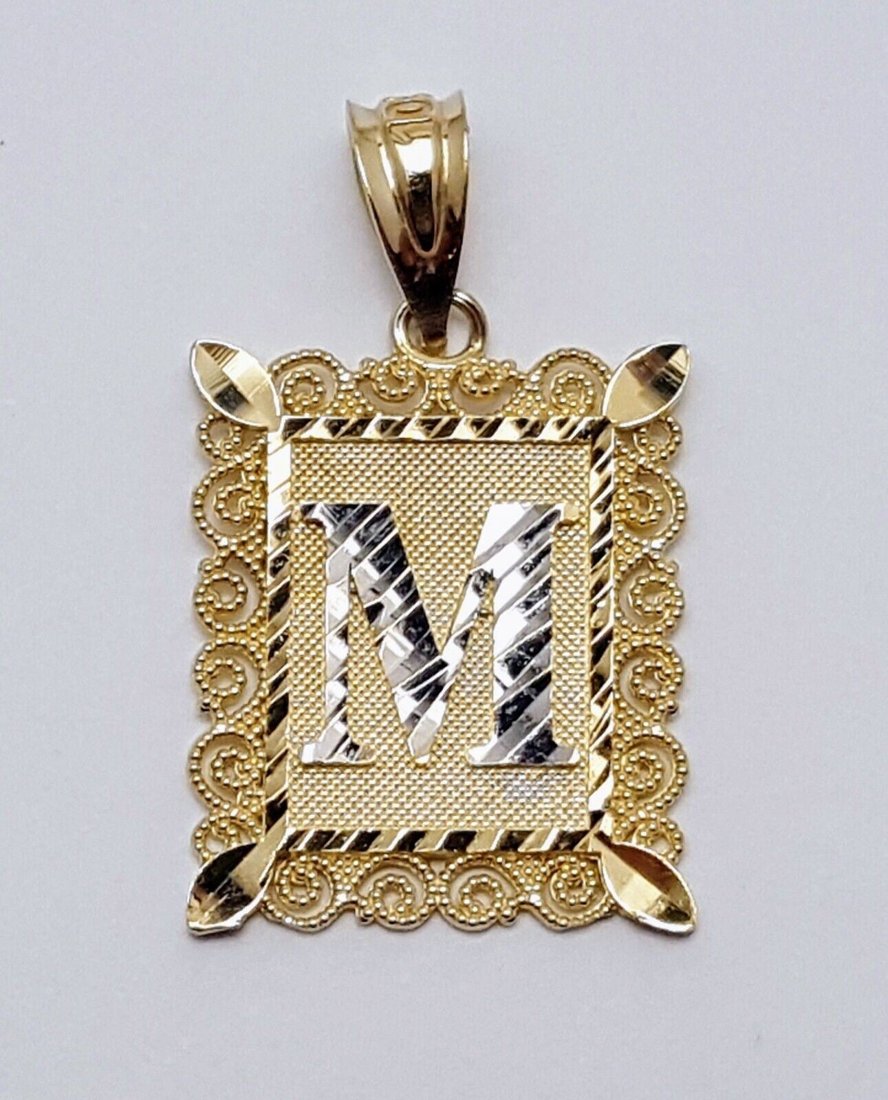 10K Solid Two Tone Gold Square Initial Letter "M" Charm Pendant