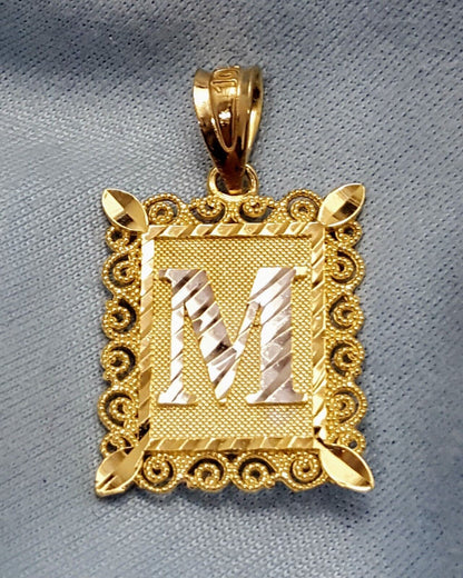 10K Solid Two Tone Gold Square Initial Letter "M" Charm Pendant