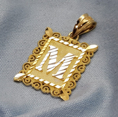 10K Solid Two Tone Gold Square Initial Letter "M" Charm Pendant