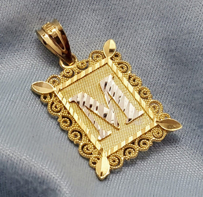 10K Solid Two Tone Gold Square Initial Letter "M" Charm Pendant